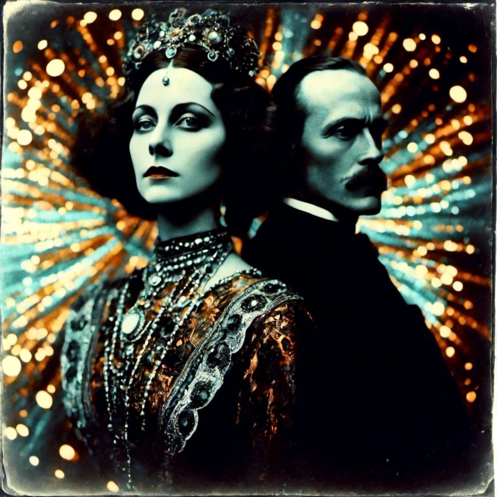 Black and white and silver <lora:Macabre:1.0> autochrome photo iridescent autochrome photo neon sparkling drawing Bohemi...