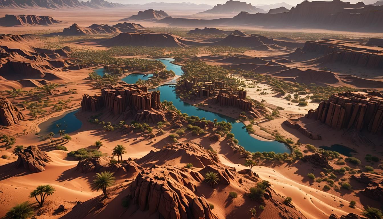 A sprawling desert with an oasis