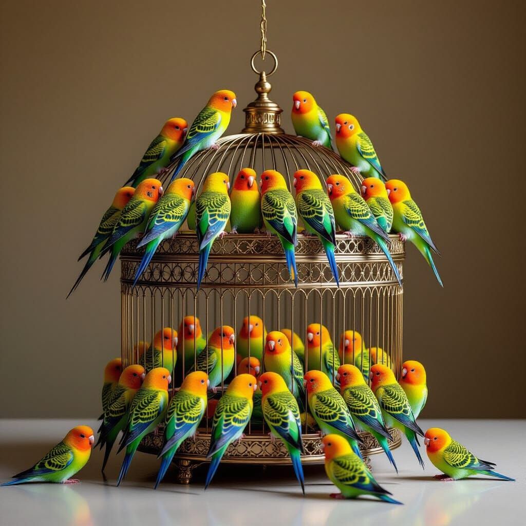 An open modern large birdcage with a flock of budgies on top of it,  outside the cage.