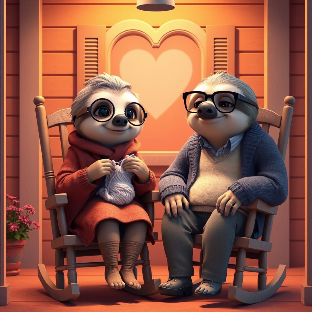 The Sloths-  Adorable illustration of:# Scene- A cozy porch with two rocking chairs- An elderly sloth couple sitting ...  by @Dessas1