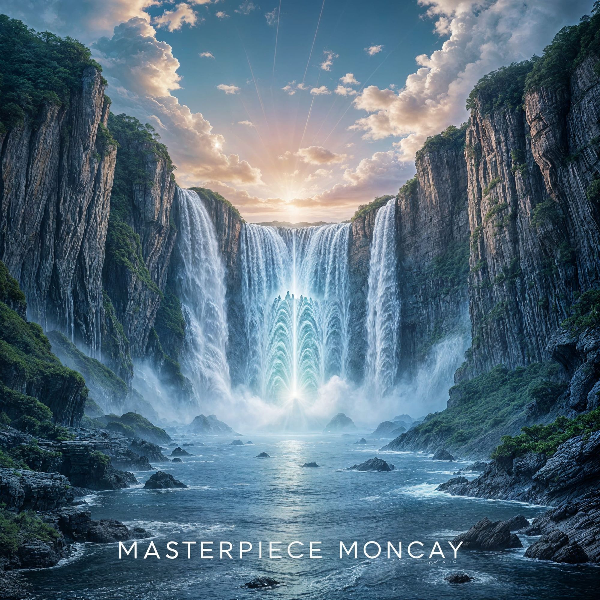 A breathtaking waterfall scene on a distant planet, where the water itself glows with an inner light, creating a magical, enchanting atmosph...