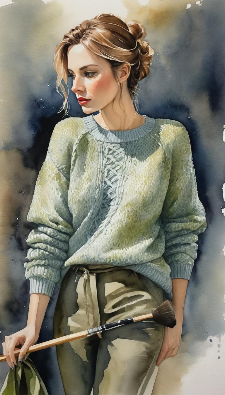 Fashion Goddess, contemplative Constance in a coarsely woven...