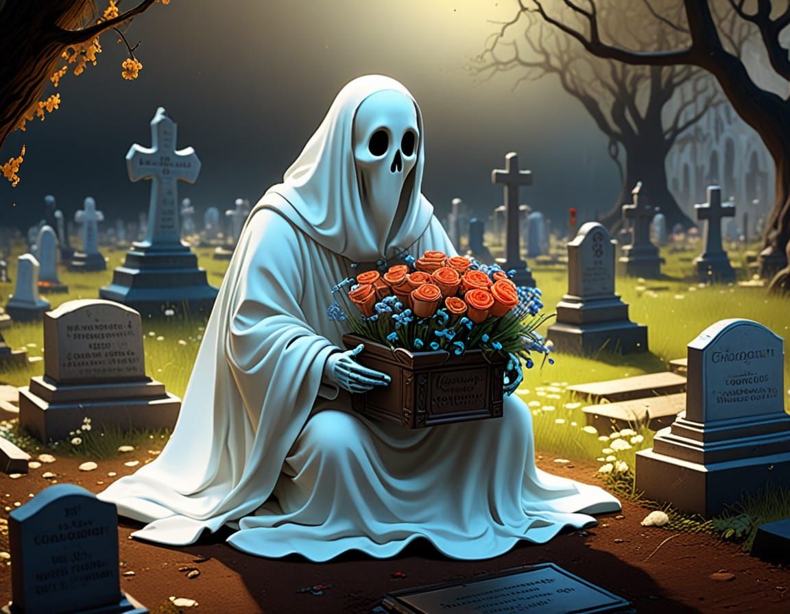 close up: whimsical adorable cute ghost visiting grave of his love holding box of chocolate and flowers, eerie atmosphere, centered, cute, m...