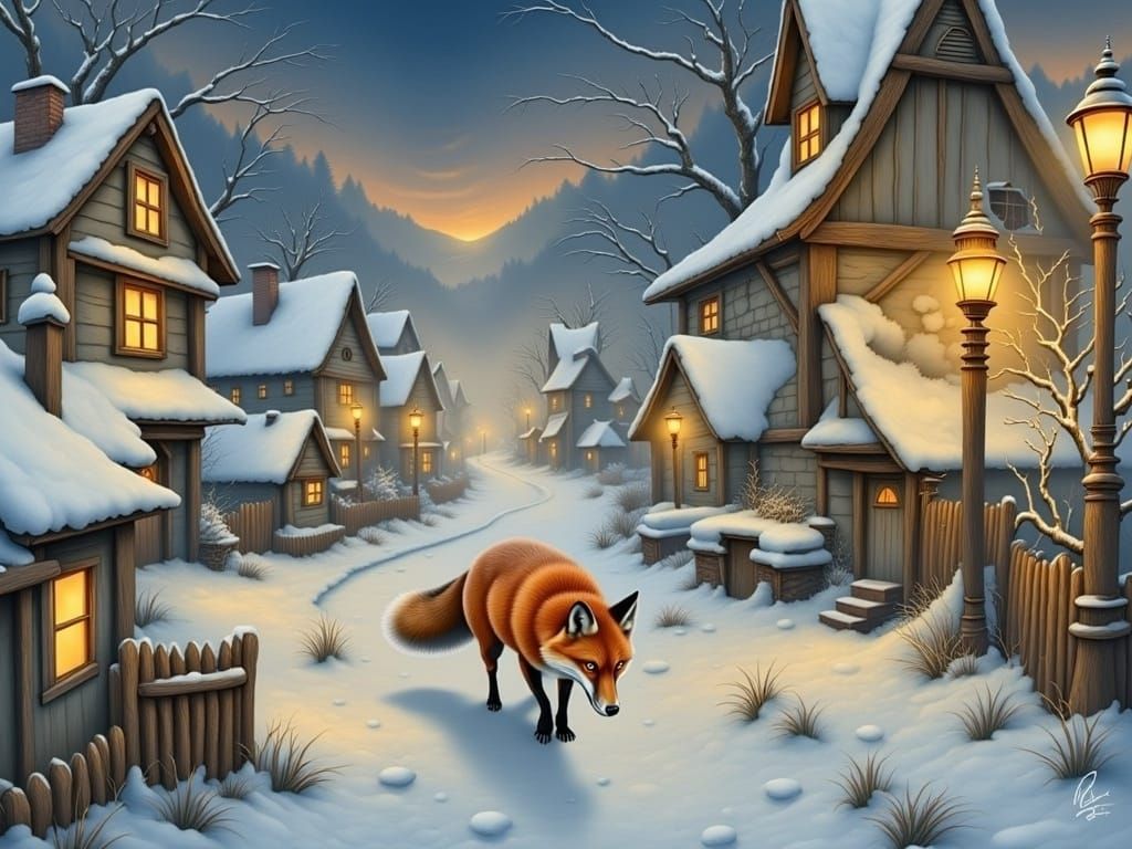 <lora:PandoraBox:1.0> <lora:Flux - Painterly:1.0> fox winter...