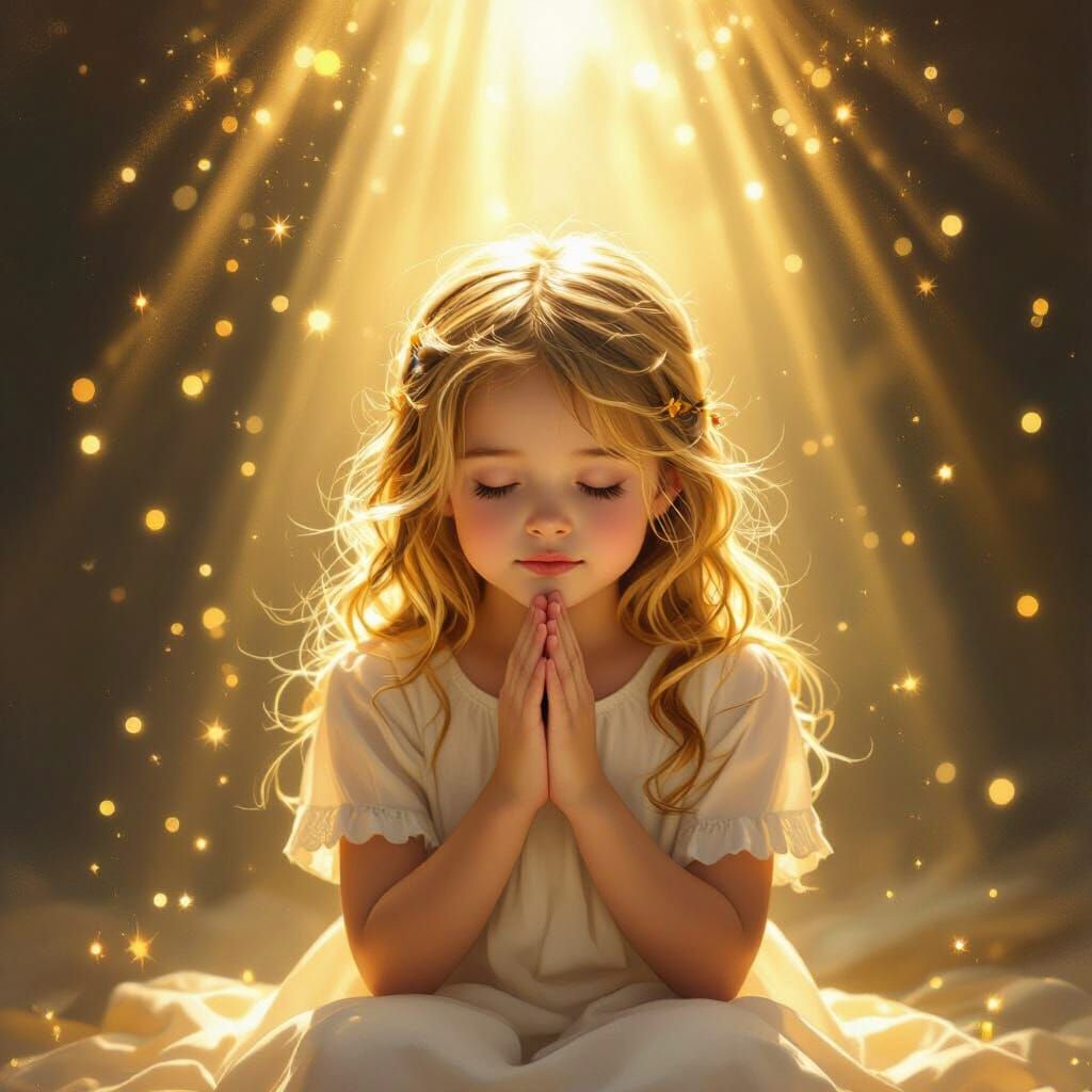 Golden Light Shines on Praying Girl in Ethereal Style