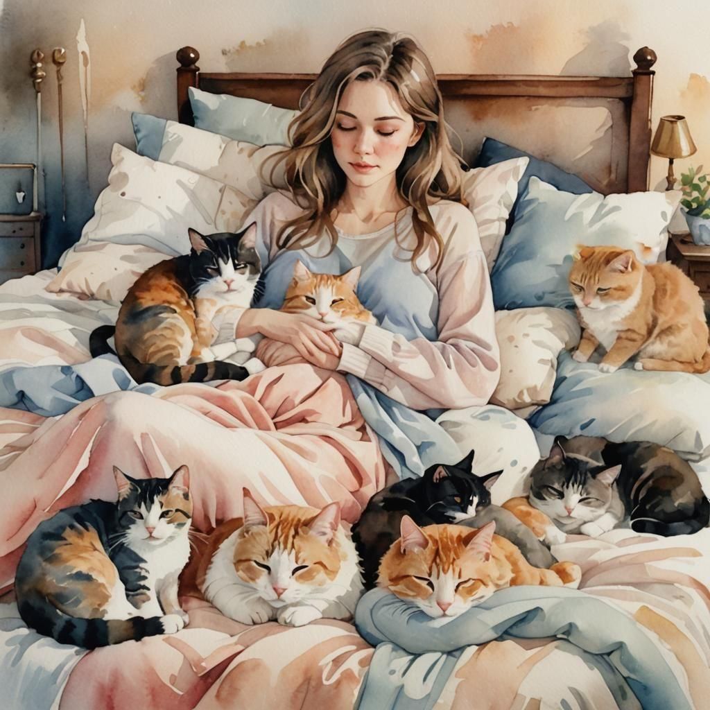 Cats curled together, asleep, on the lap of a woman sitting on a bed, watercolor 