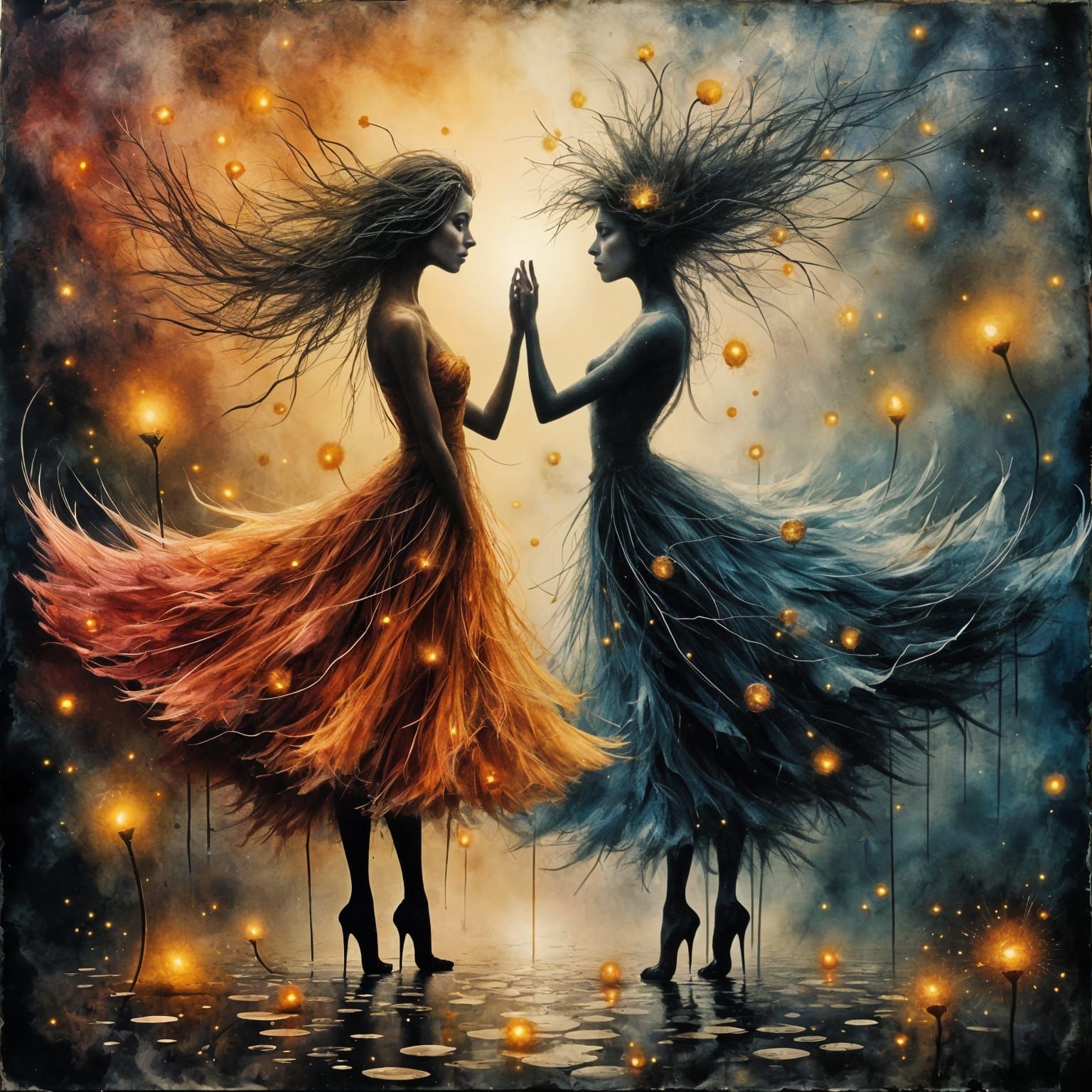 A dance between light and shadow personified. Two abstract figures, one composed of pulsating light, the other of consuming darkness (2) 