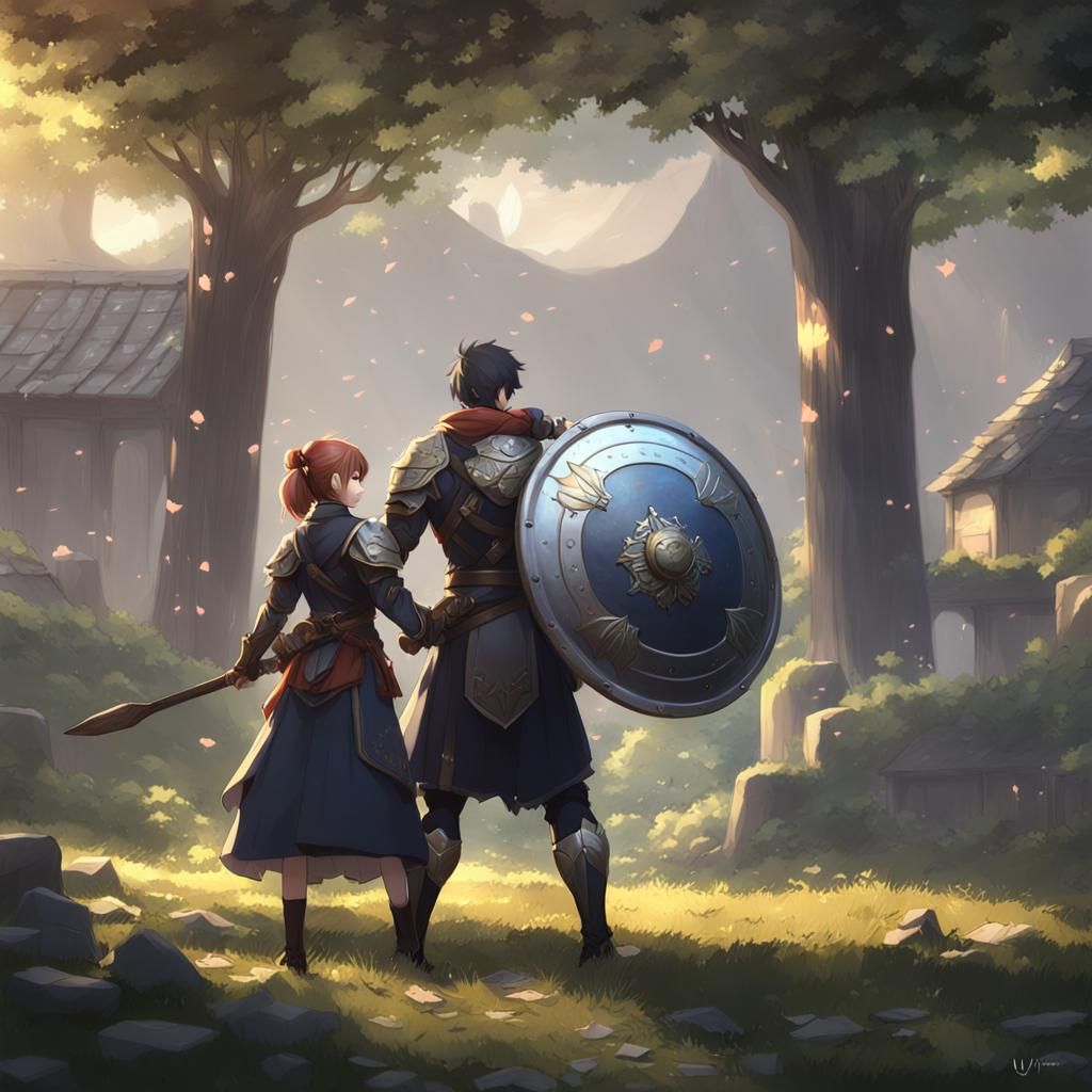 Husband protecting wife with shield AI Generated Artwork NightCafe