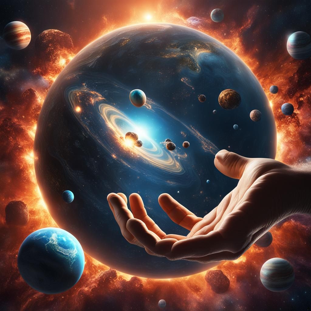 The hand of god creating the planets and releasing them into...