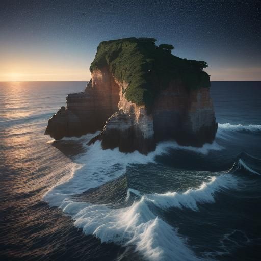" "A quiet beach at dusk, with biological waves gently crash...