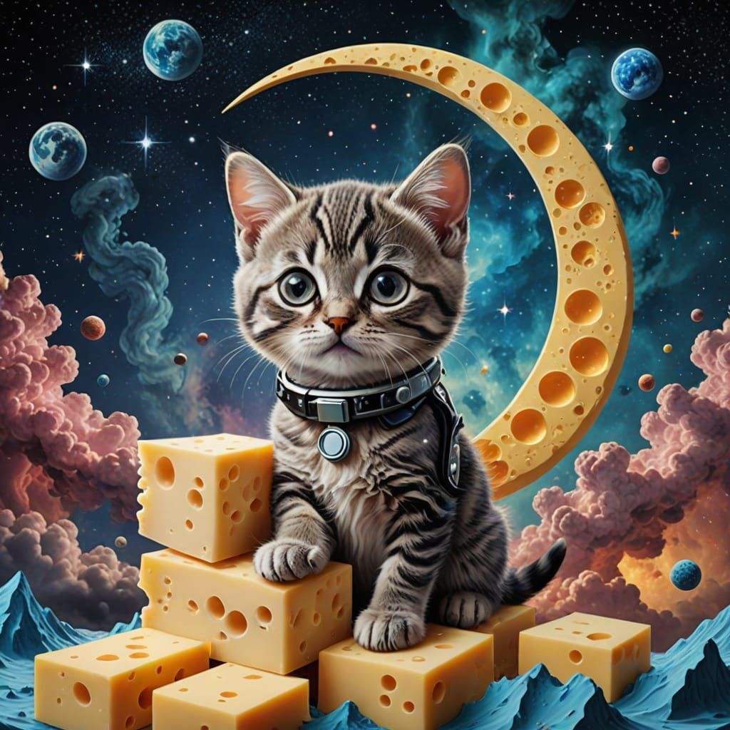 Masterpiece Monday. Surrealism. A whimsical kitten wearing a tiny astronaut helmet, sitting on a crescent moon made of cheese, surrounded by...