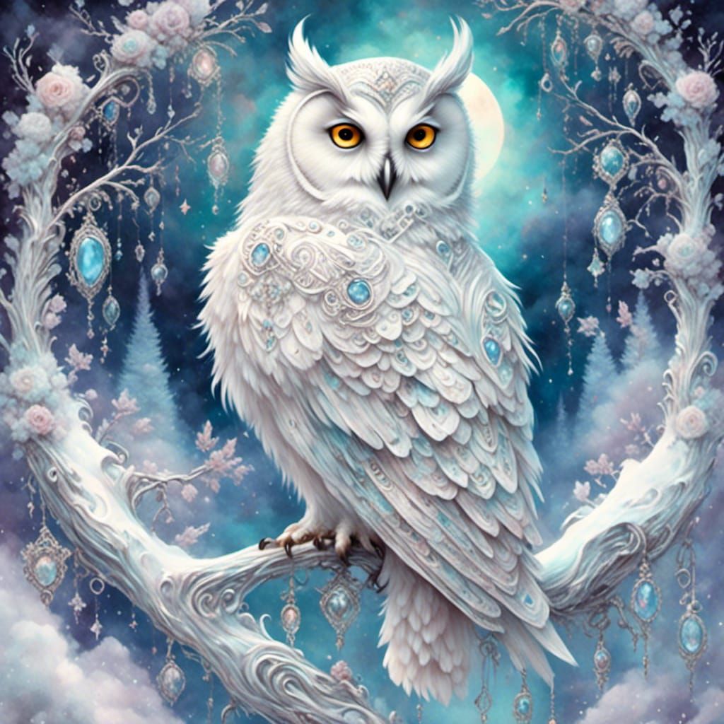 Icy Steampunk Owl on Snowy Branch