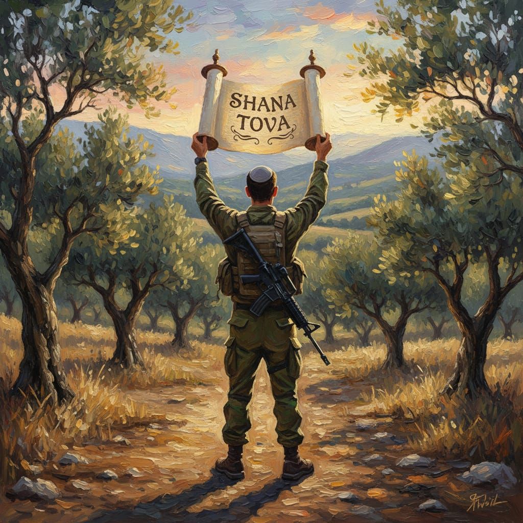 Jewish Soldier Holds Torah Scroll at Golden Hour