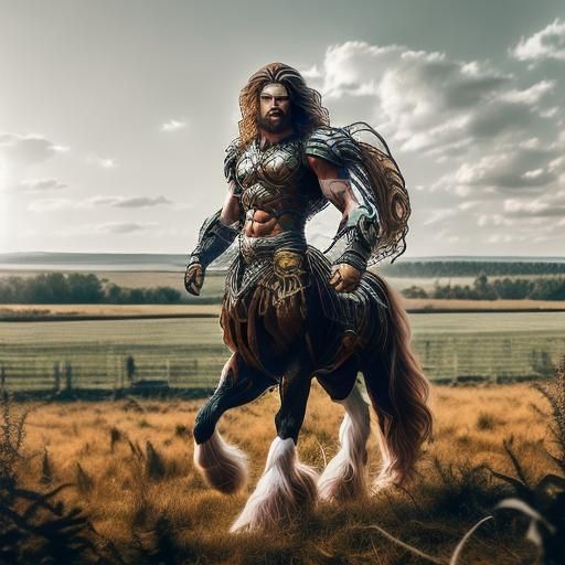 <lora:Centaur start imager:1.0> Centaur warrior, in a field, wearing a (white shirt)! long hair. HDR photography, Ultra-high detailed post p...