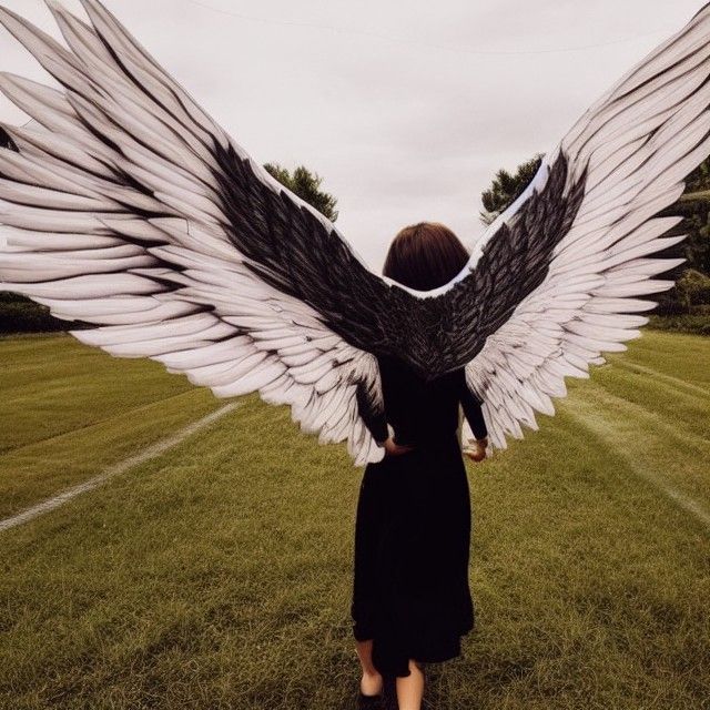 a woman flying with beautiful big wings