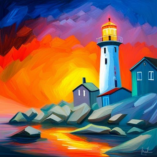 Foggy night. Lighthouse lighting the was. High resolution.