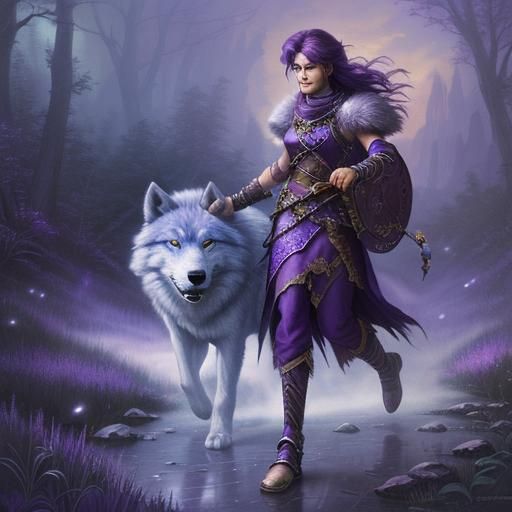 purple hair warrior women with wolf pet