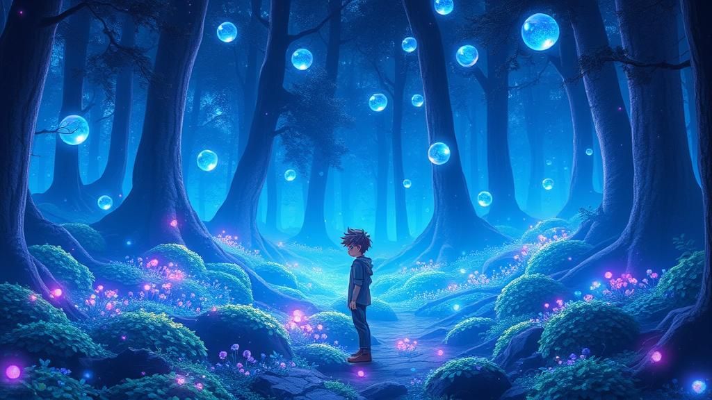 A boy, Glowing orbs float effortlessly through the air, casting soft, gentle light across the forest. The ground beneath Alex’s feet is cove...