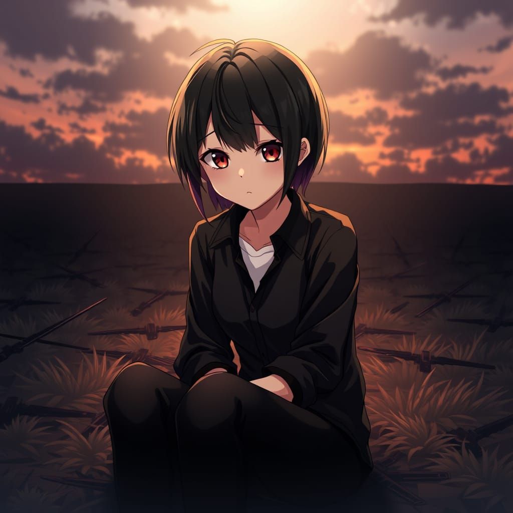 Anime Woman in Battlefield Darkness