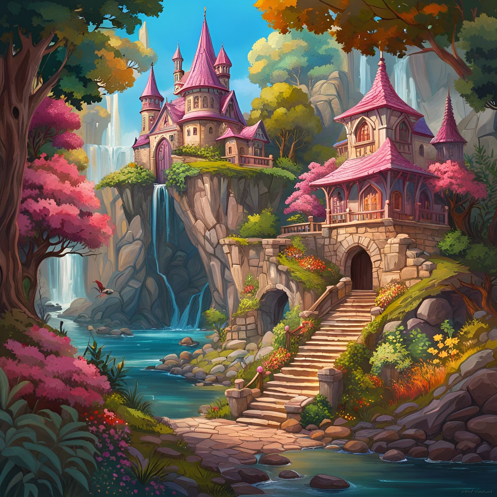 Pink roofed Little fairy house, castle, stained glass colors