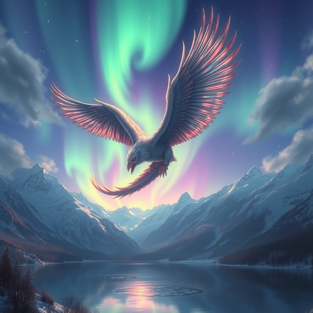 Griffin Soaring Through Aurora Sky in Fantasy Art