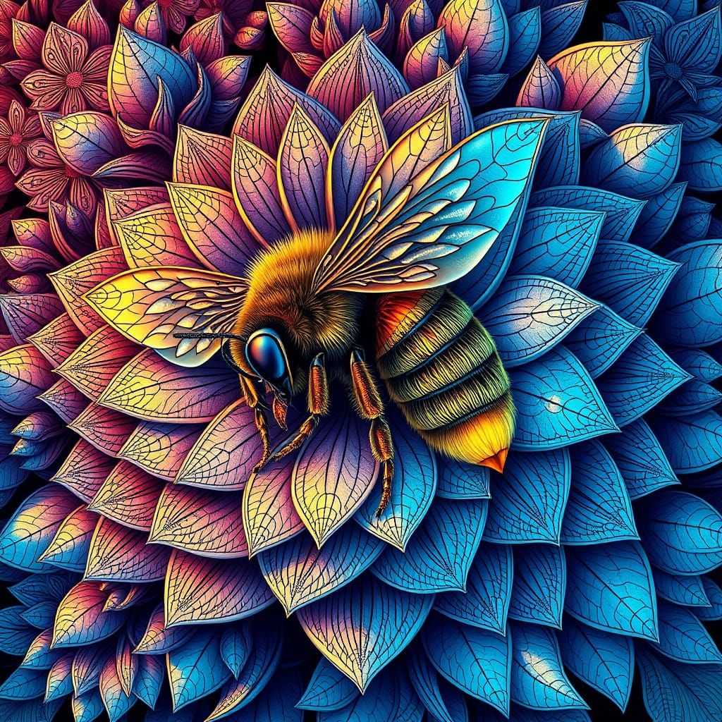 Intricately Detailed Queen Bee in Vibrant Floral Fractal Pat...