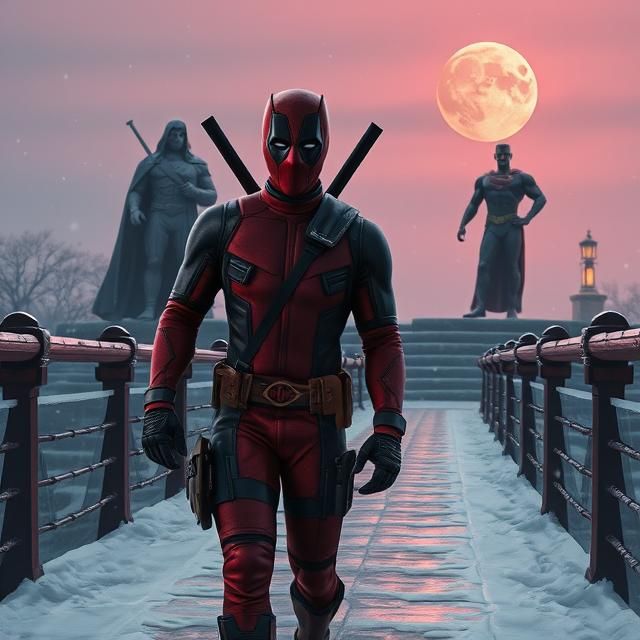 Deadpool with his girlfriend Jenna Fischer as Princess Leia as they walk on on a frozen bridge with a statue of Superman...