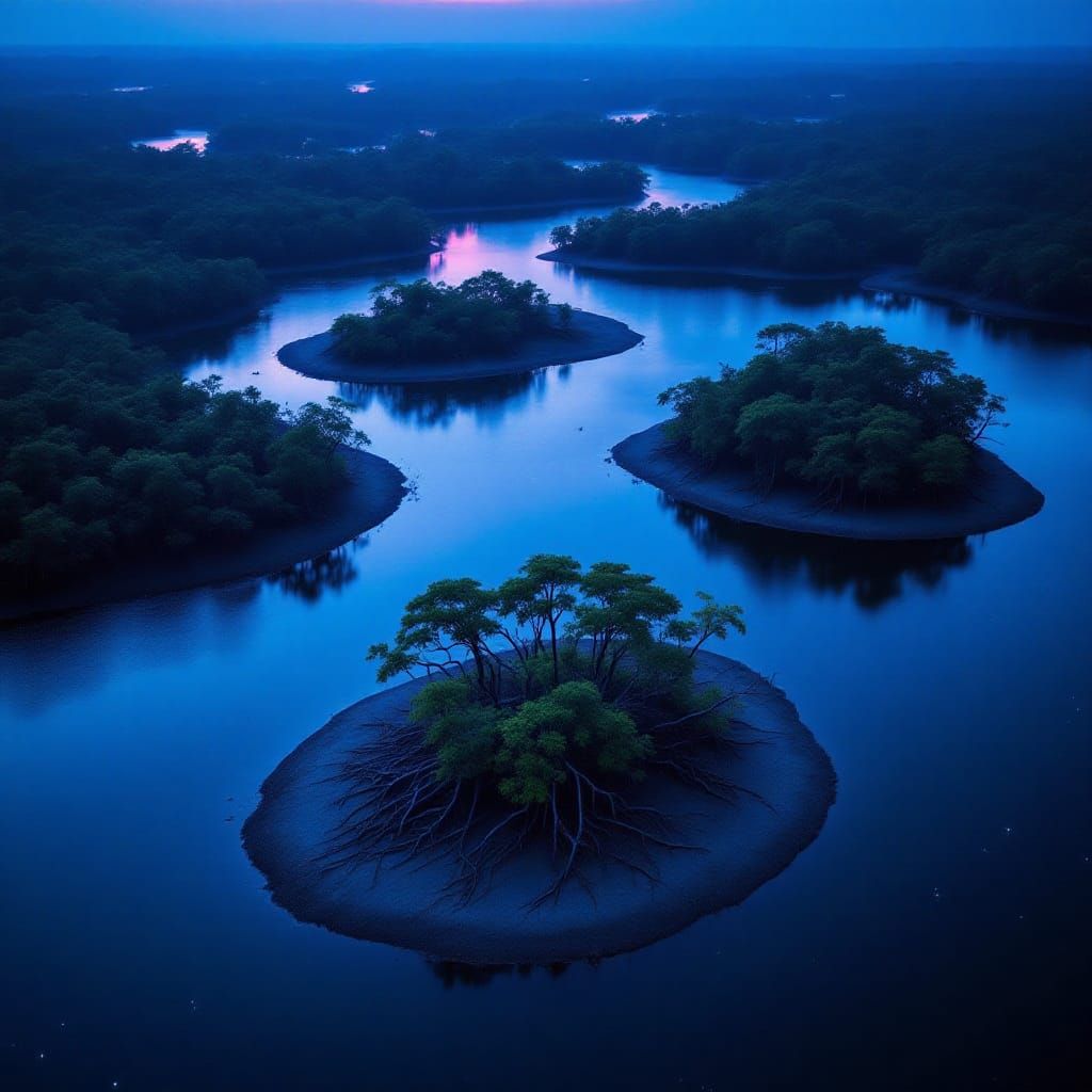 A última luz do dia banha o delta do Amazonas em tons de azu...