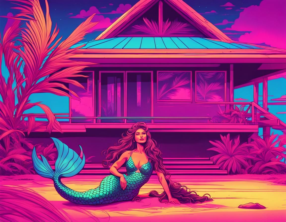 Polynesian Mermaid in Synthwave Neon Style
