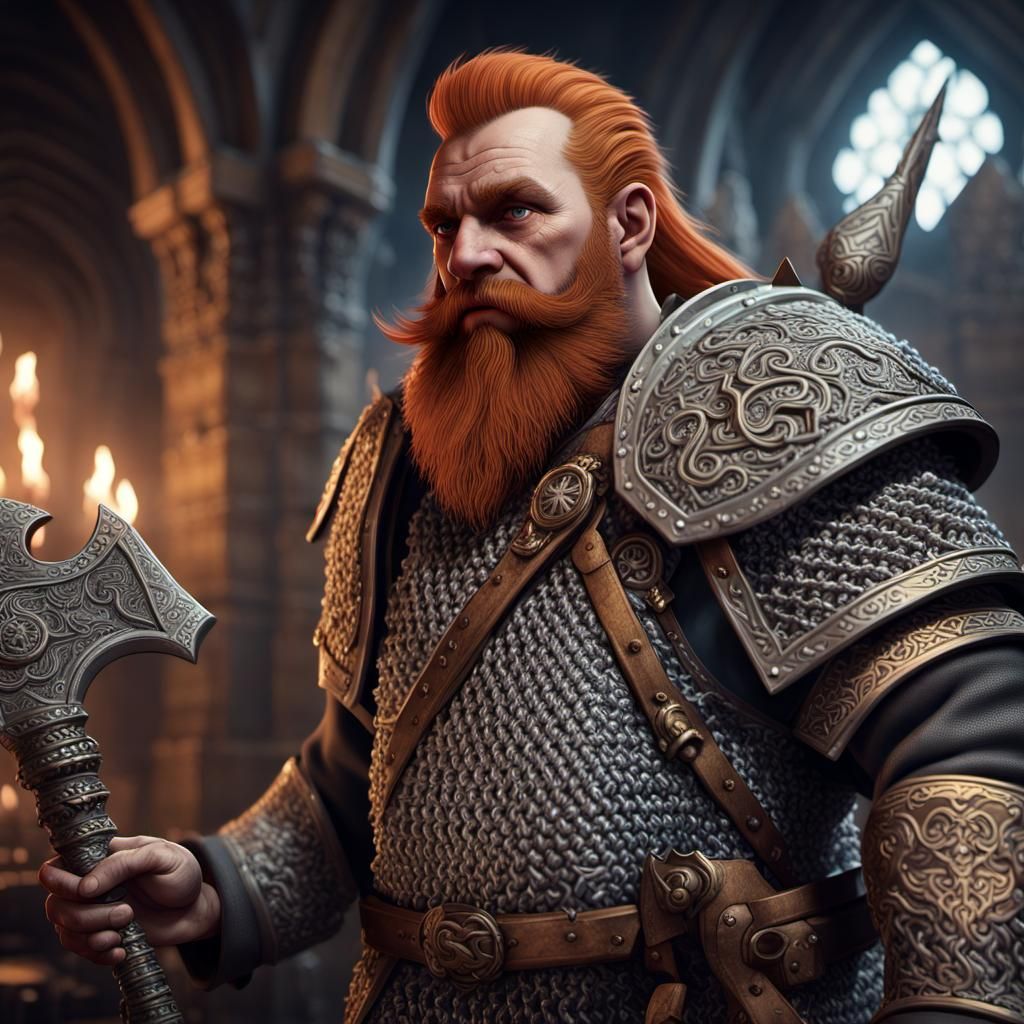 Dwarf of Mithral Hall, chainmail, Battleaxe in right hand, Ginger ...