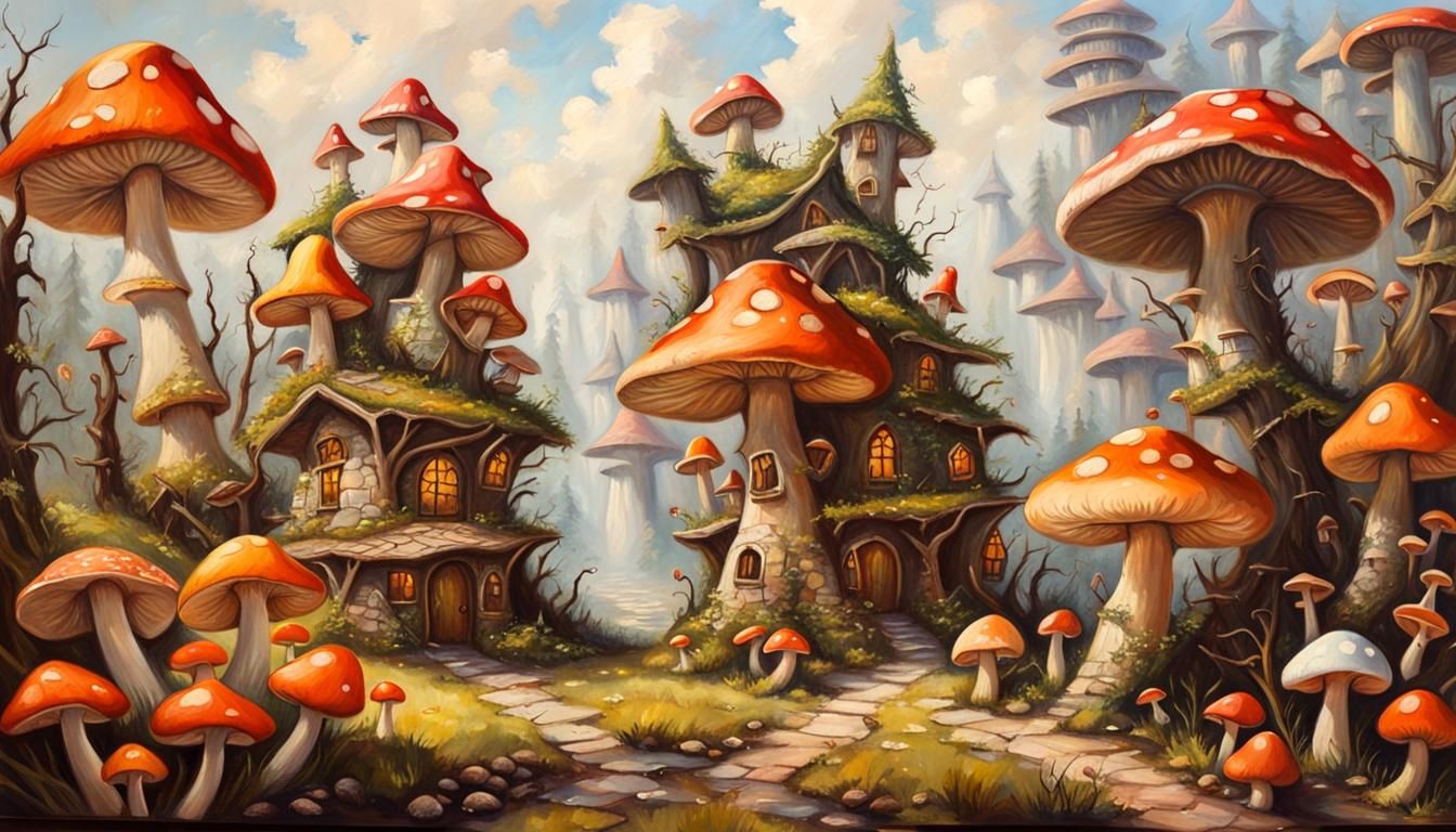 half finished canvas with a fairy mushroom village on it