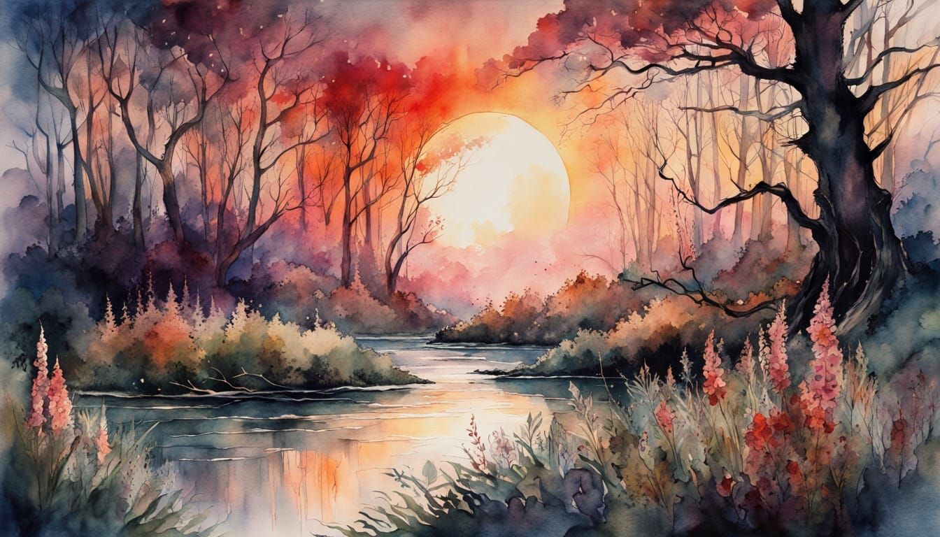 Watercolor fantasy art. Medium shot. A swampy river, surrounded by wildflowers, during a dark eclipse. ...  by @Mr Classics