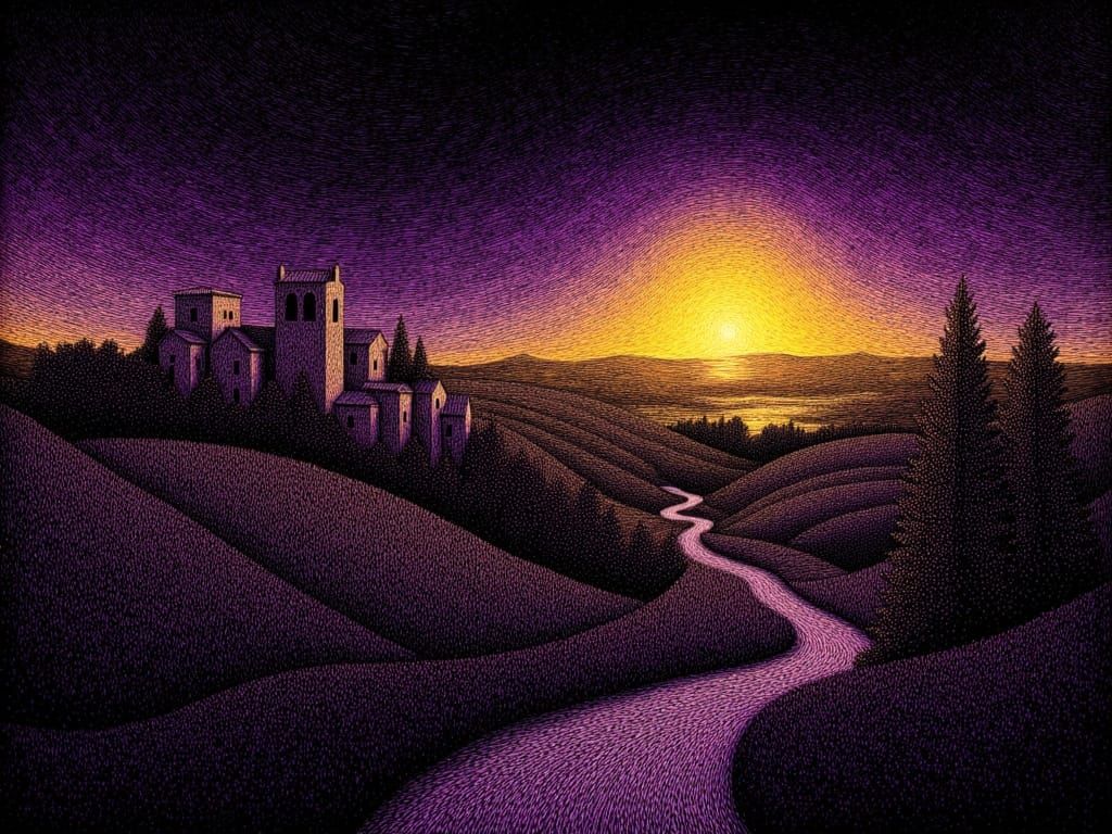 <lora:Scratchboard:1.0> scratch art. fine  black and yellow lines on dark purple background, village at dawn, intricately detailed. black ba...