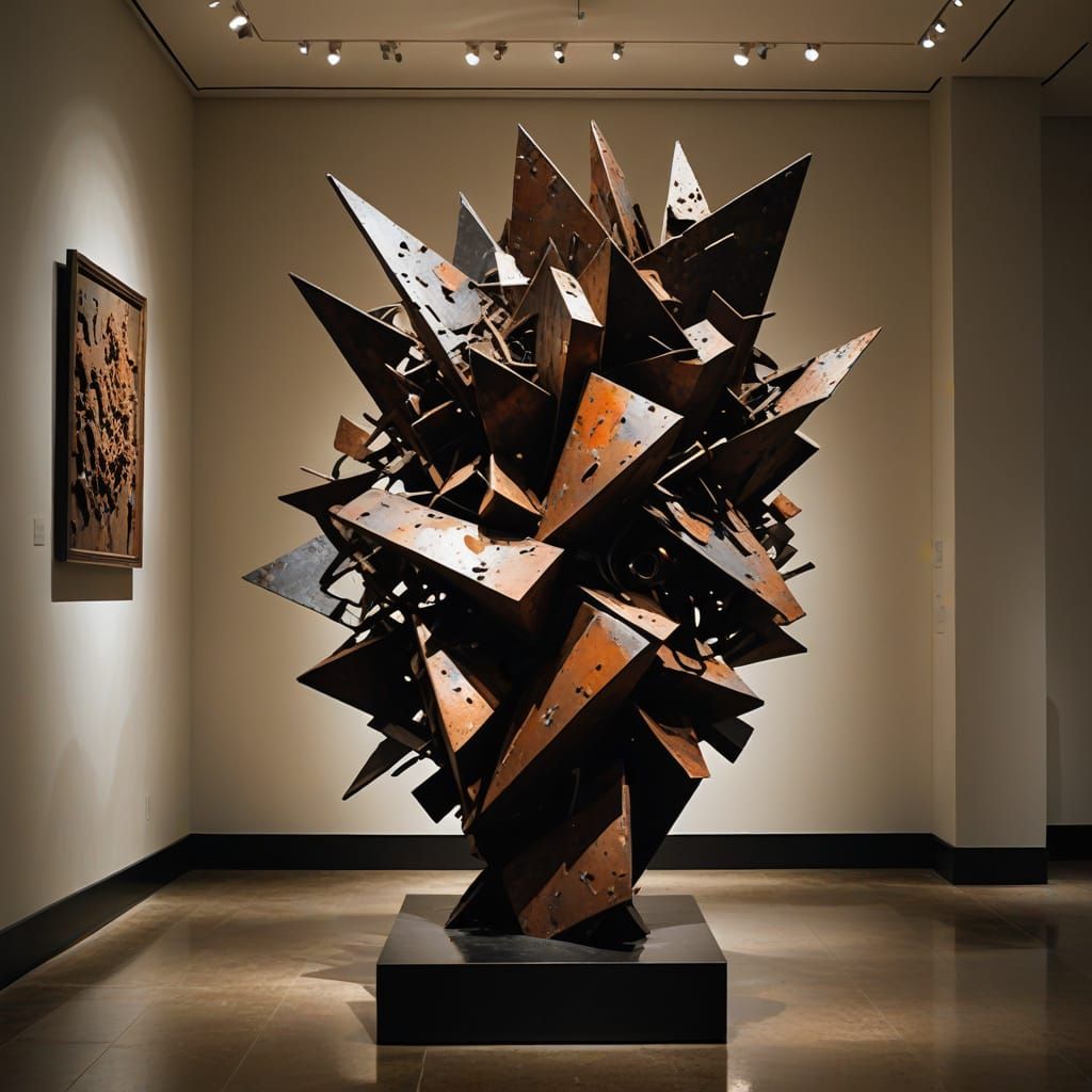 An abstract sculpture made of scrap metal  in a museum   by @BlueMoon