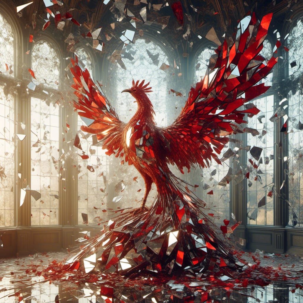 <lora:Shattered:1.0>shattered mirror, mirrors 
the most beautiful flaming phoenix bird in the castle