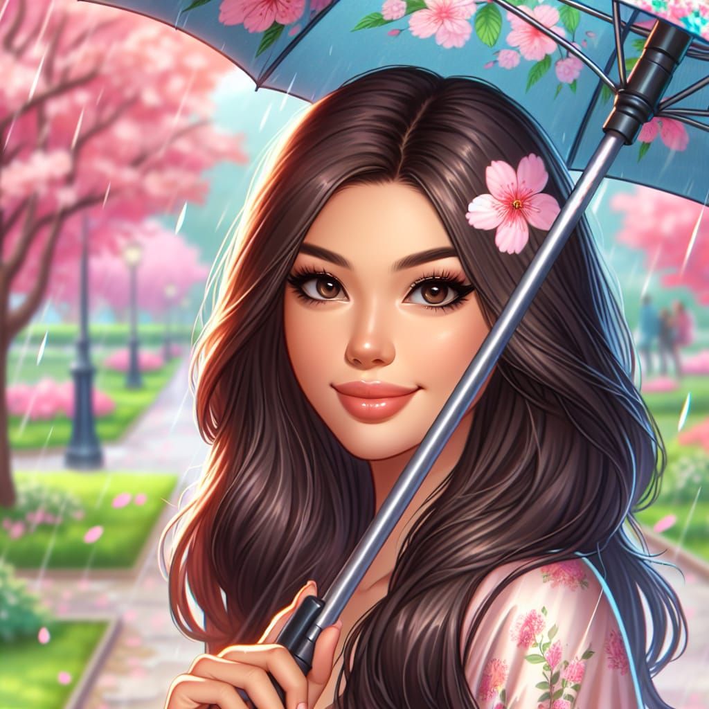Girl with Umbrella Under Cherry Blossoms
