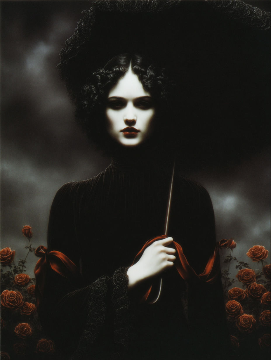 "She walks in silence, shadowed by lace and sorrow."