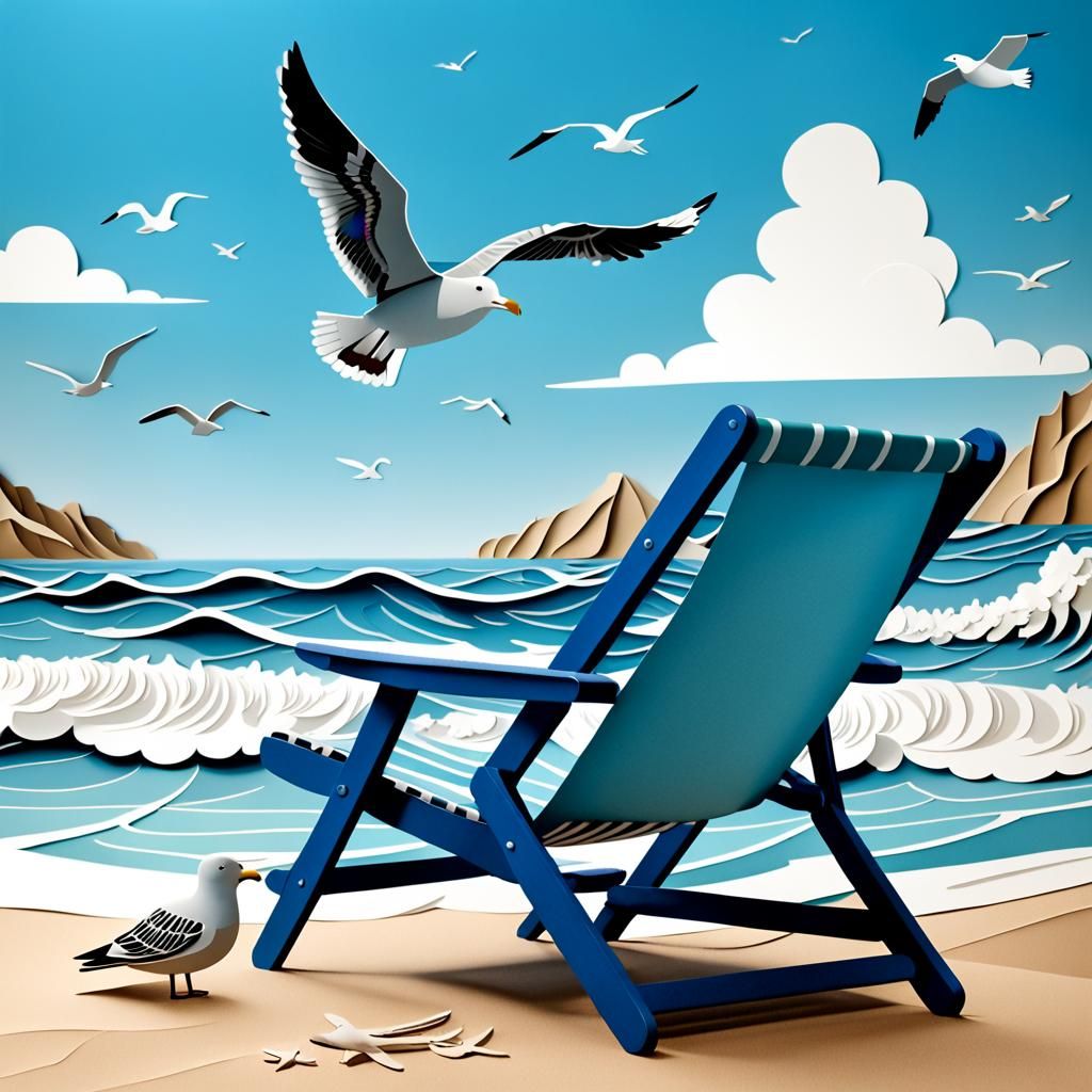A beach chair by the sea with a seal, seagull, sea waves, bl...