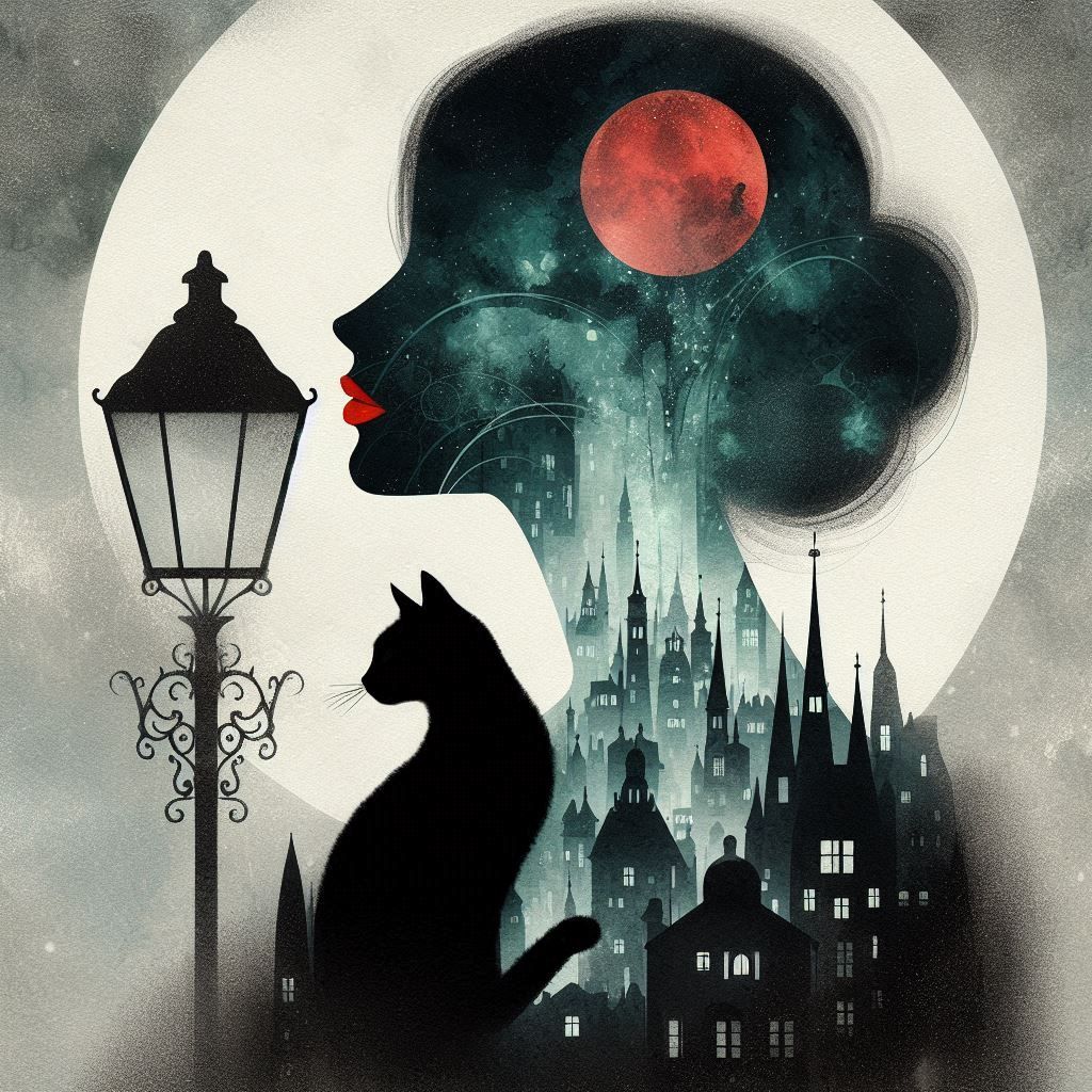 👩‍🎤🐱🌑🔴 A woman in profile, rendered in black silhouette