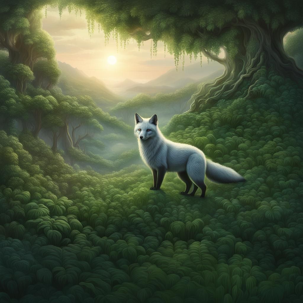 Ghost Fox. Greenery. Dawn.