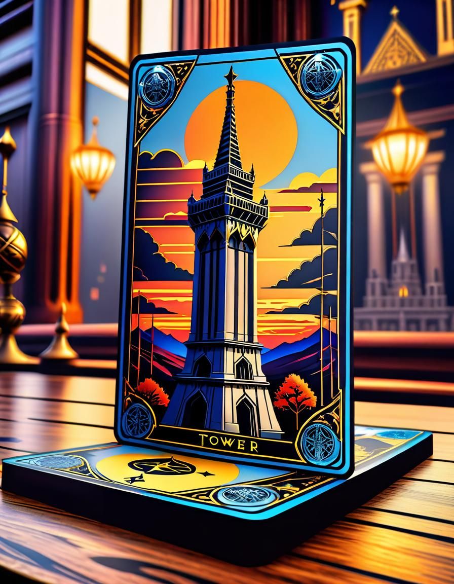 (The Tower tarot card lying on a table:1.6), photorealistic ...