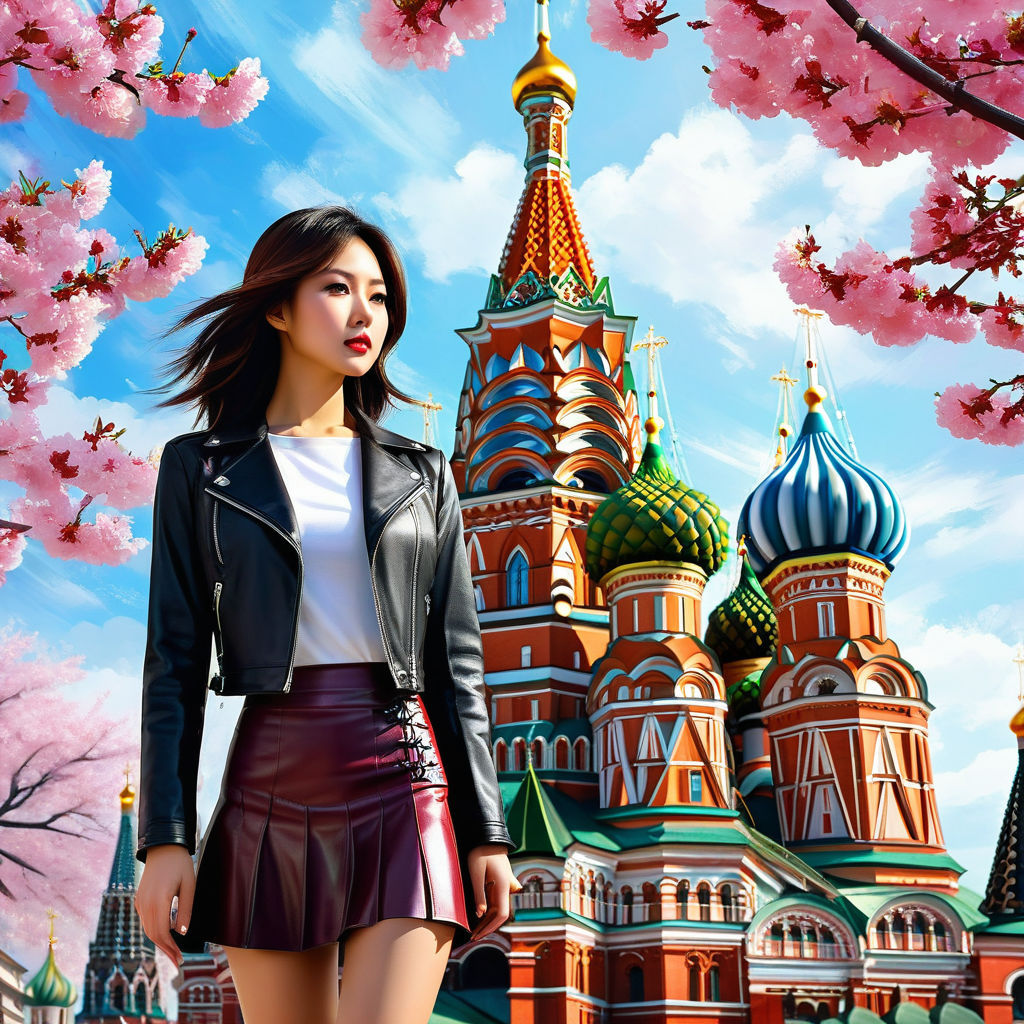Japanese girl poised amidst the St. Basil's Cathedral 2
