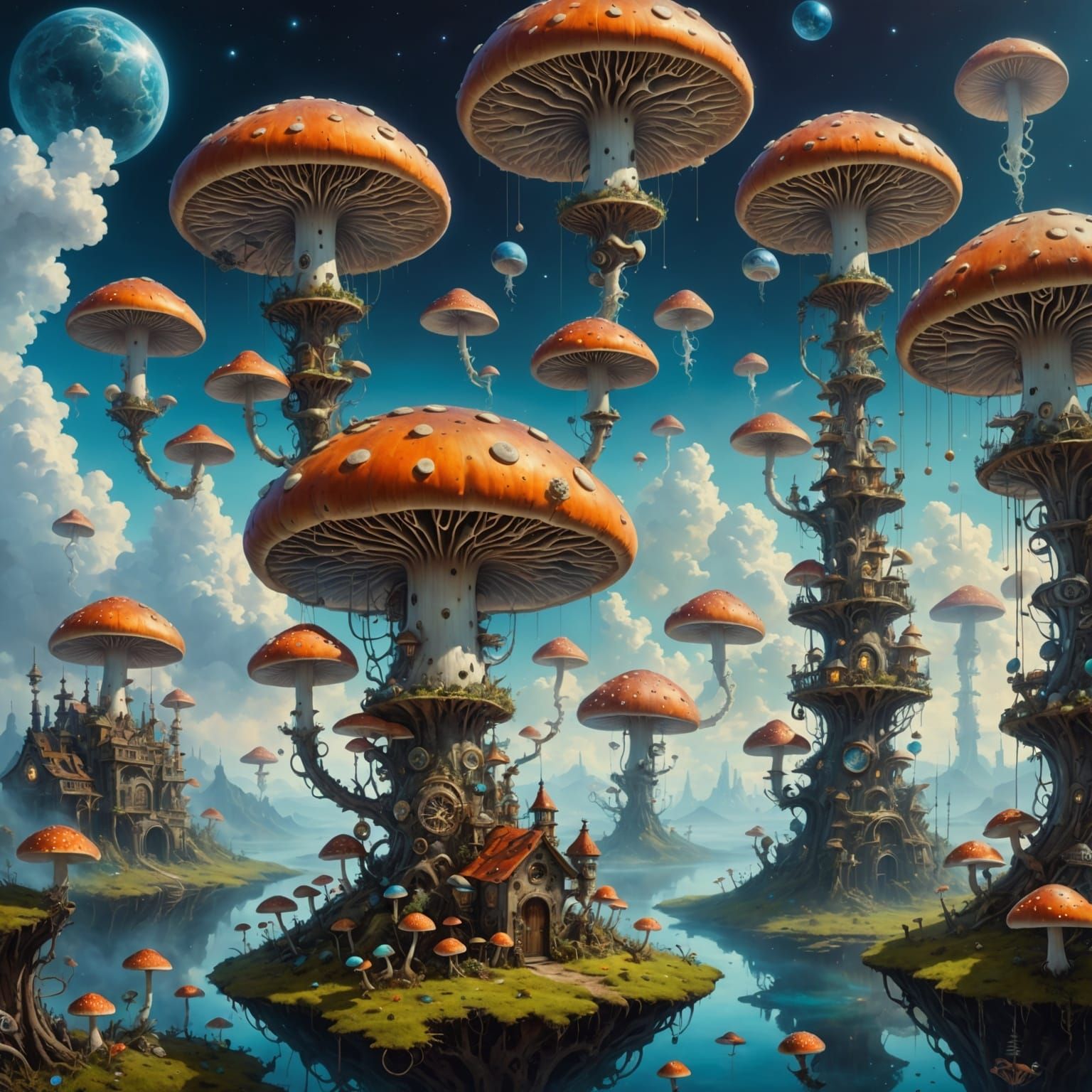 A surreal dreamscape where giant, iridescent mushrooms sprout from a sea of clouds under a sky filled with clockwork planets and orbiting ge...