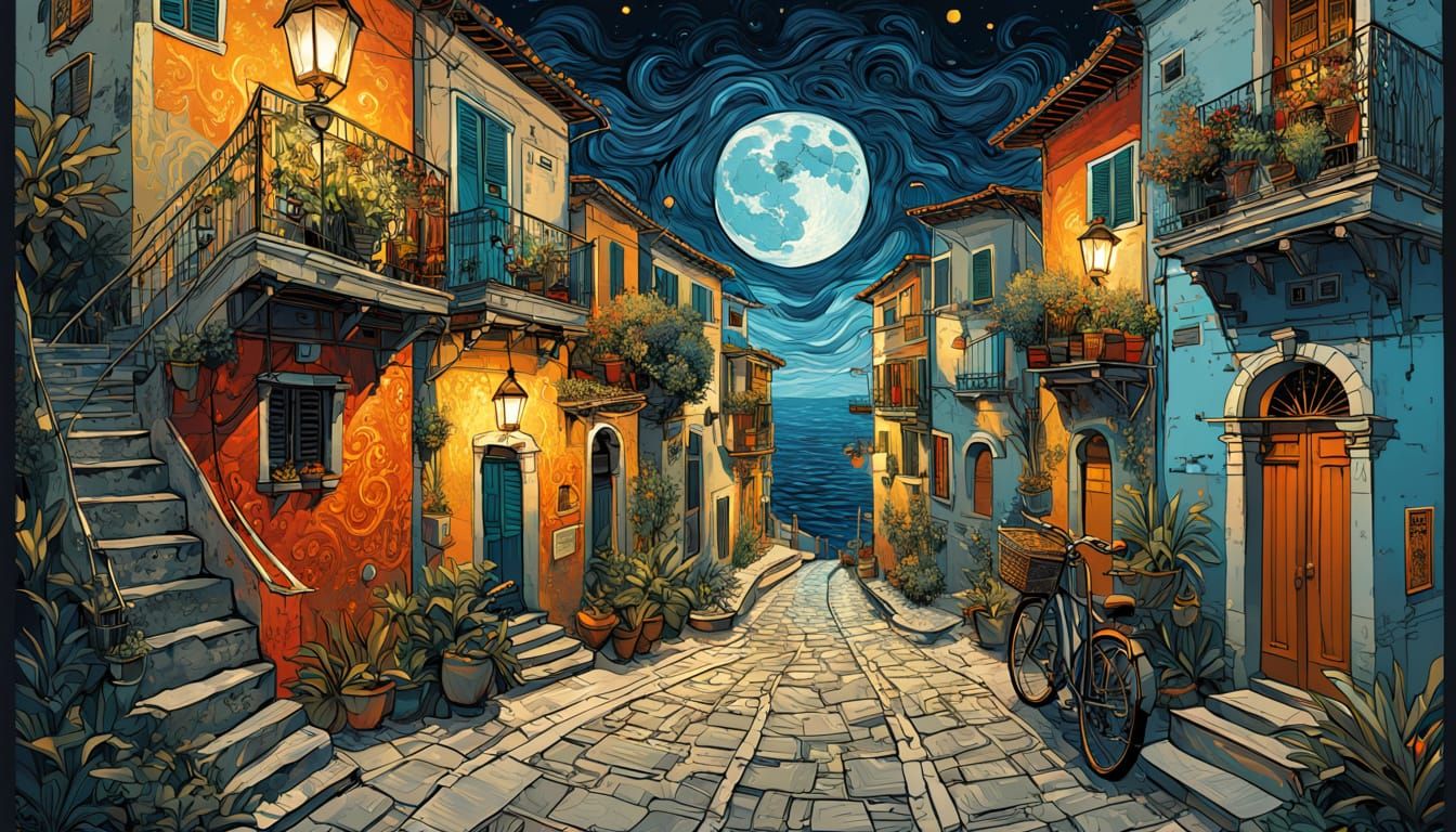 Detailed embossed art of pedestrian way at night cascading down multiple back alleys in italy, houses, plants, colourful doors, back alley, ...
