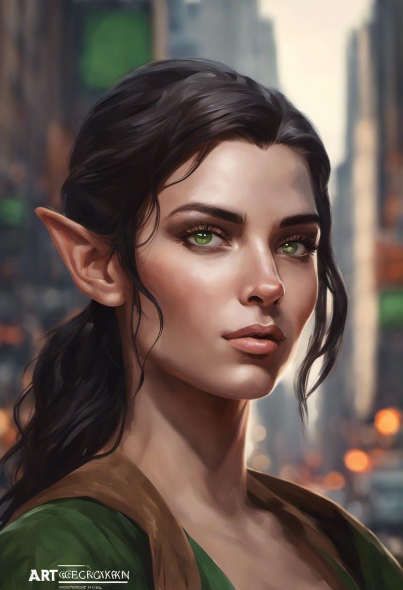 Beautiful petit elf woman with pixie dark hair, roman nose a...