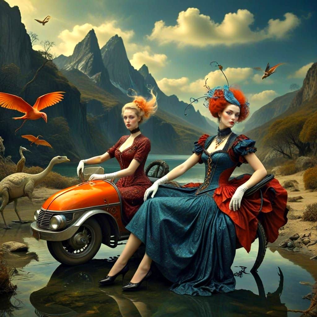 Ethereal Ladies Amidst Fantastical Creatures in a Surreal Wo...