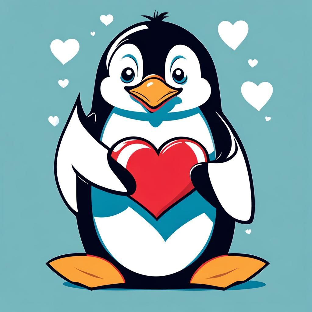 cute pinguin holding heart ; vector, illustrator render, solid colors ...