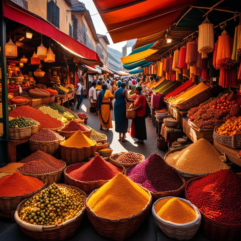 A bustling marketplace in a colorful foreign city, teeming with  and exotic foods and spices.  by @Jupeter