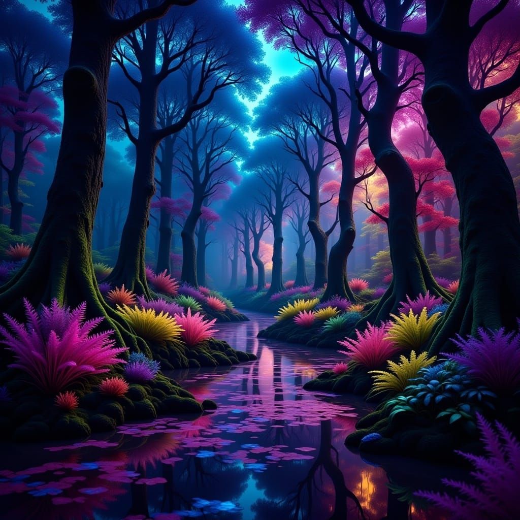<lora:Mystical Fantasies:1.0> A mystical and enchanted forest with iridescent and neon colors 4K high resolution high definition intricately...