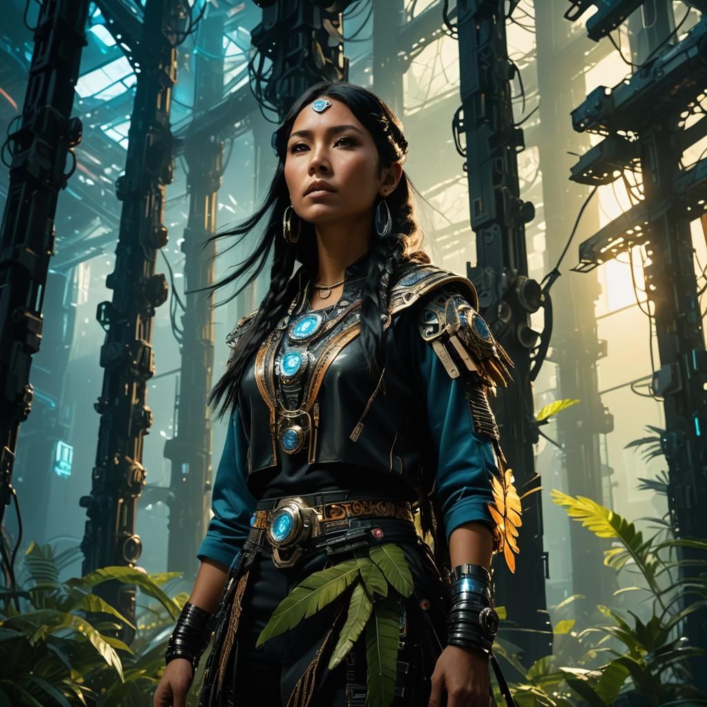 Native American Woman, 
 hands_on_hips, solo, black_hair,